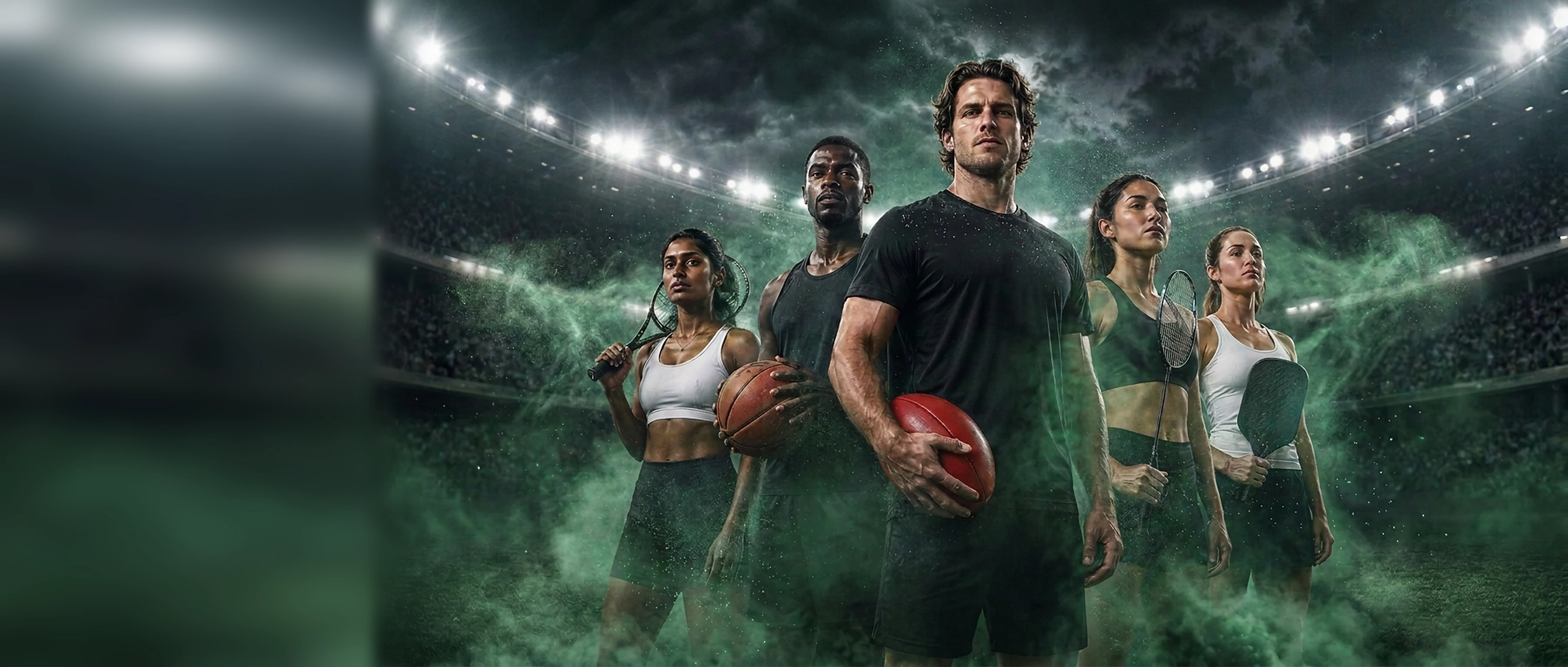 Five YEAUP athletes standing together in a floodlit stadium with an AFL football, basketball, tennis racquet, badminton racquet and pickleball paddle